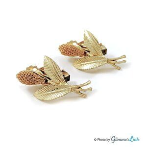 Vintage Cattail Flower Gold Tone & Copper Tone Clip On Earrings